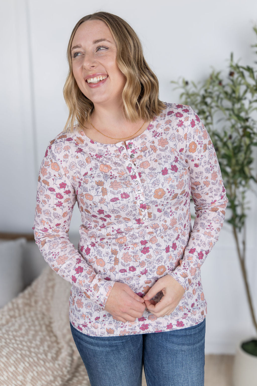 Floral Button Snap Henley