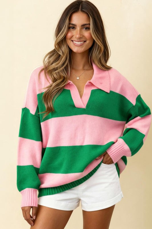 I'll Be On The Sidelines Green and Pink Sweater