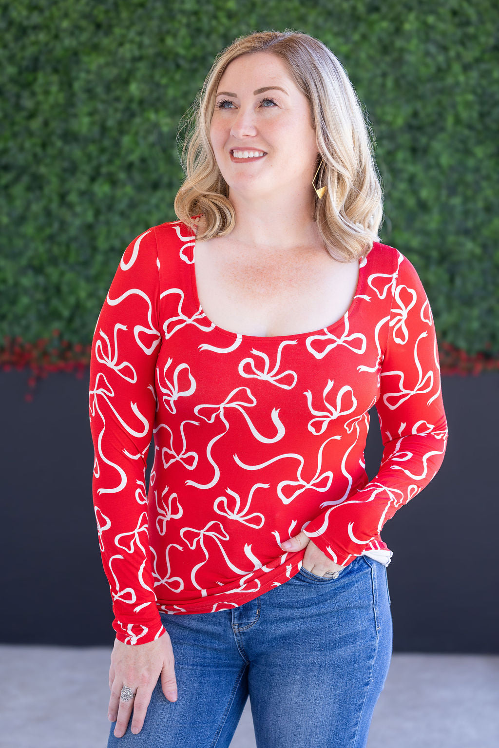 Alyssa Long Sleeve Top - Red and White Ribbons