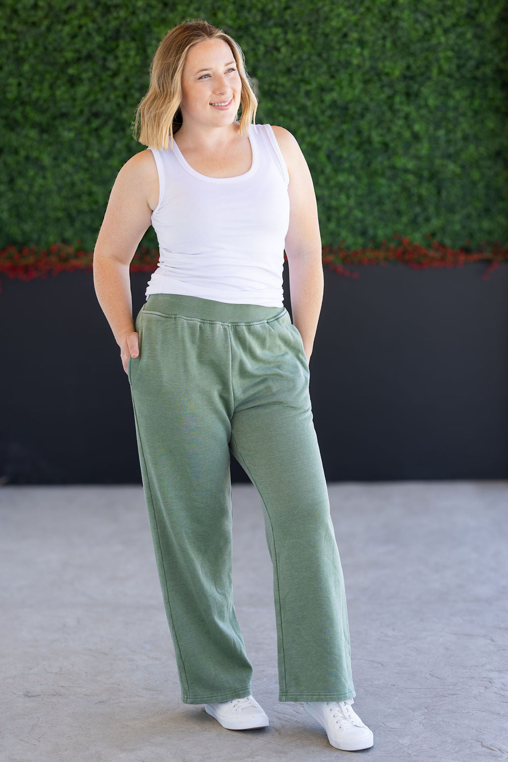 Wide Leg Vintage Wash Bottoms - Olive