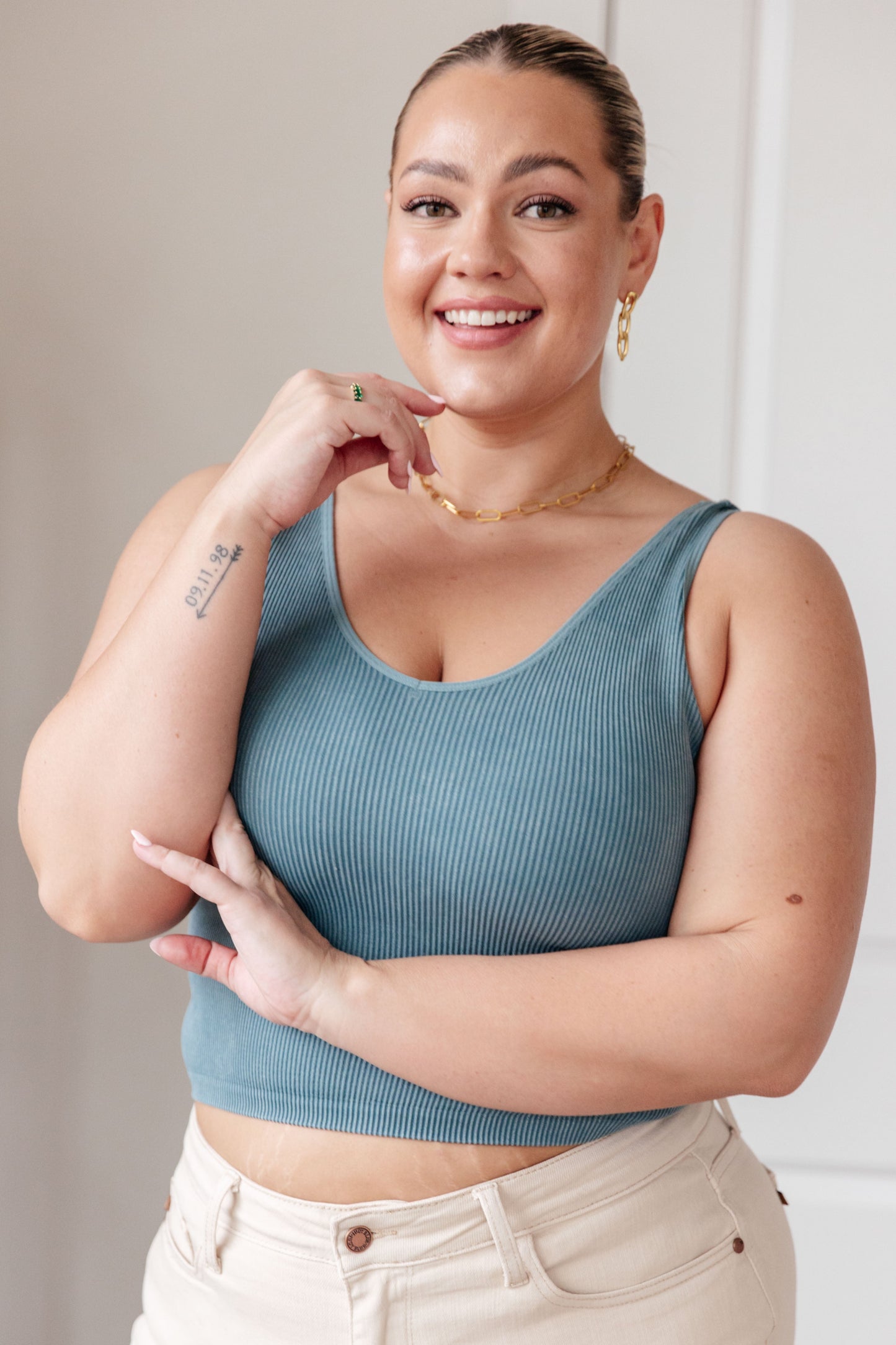 Fundamentals Ribbed Seamless Reversible Cropped Tank in Vintage Blue
