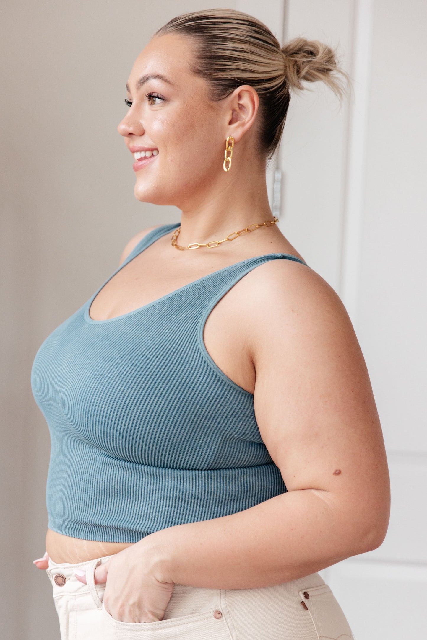 Fundamentals Ribbed Seamless Reversible Cropped Tank in Vintage Blue