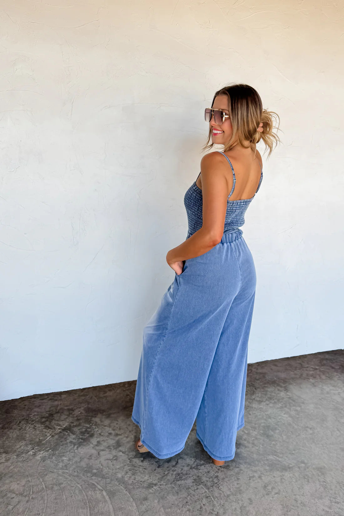 Denim Crush Smocked Romper Preorder, Mid June Arrival