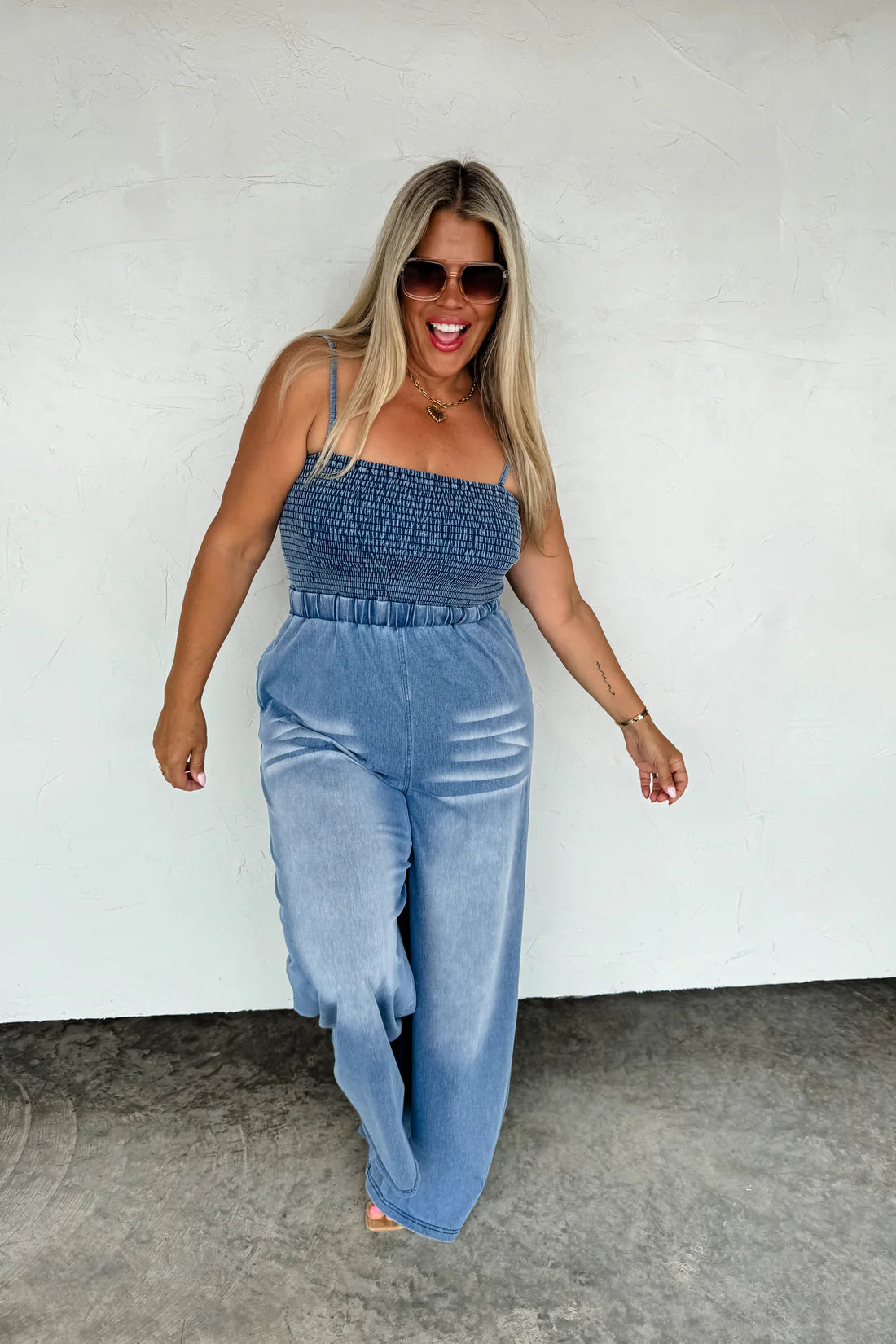 Denim Crush Smocked Romper Preorder, Mid June Arrival
