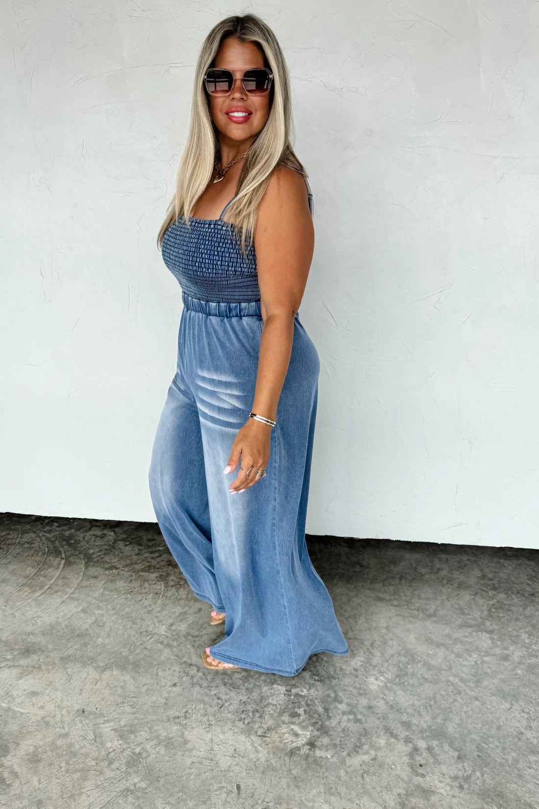 Denim Crush Smocked Romper Preorder, Mid June Arrival