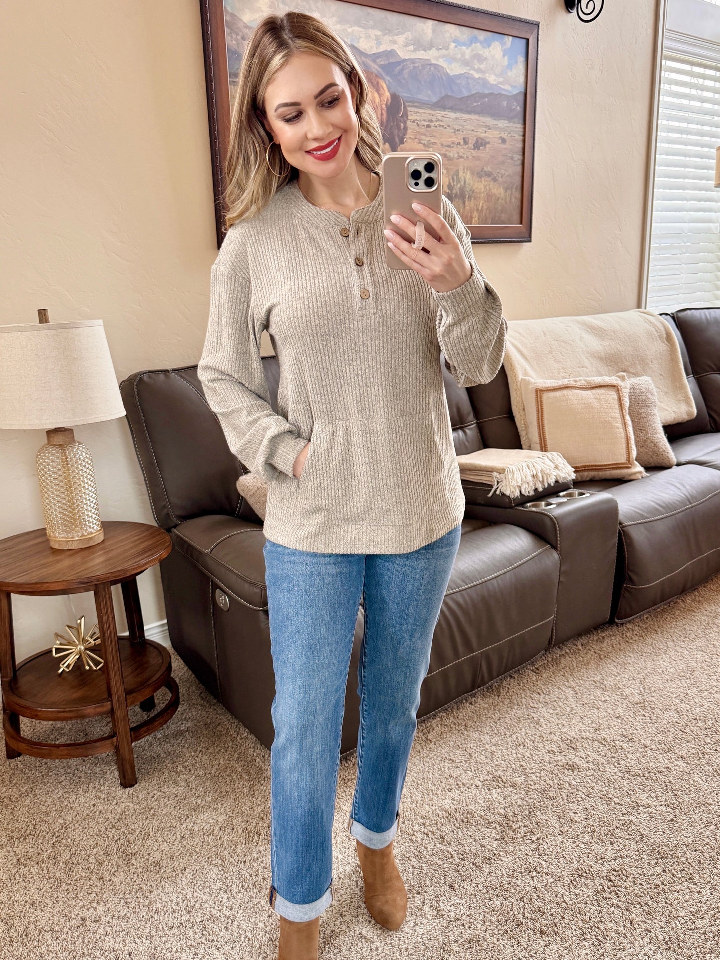 Cozy Henley Top In Oatmeal