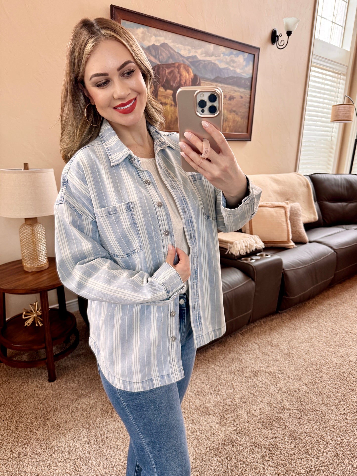 Pin Stripe Denim Shacket In Light Wash & White