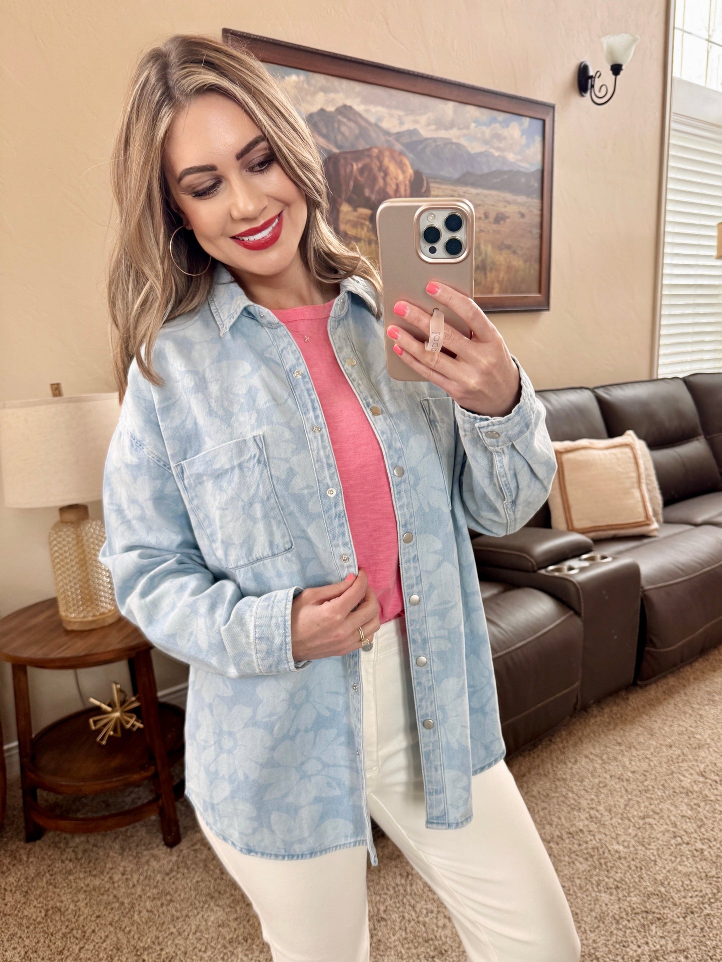 Light Wash Floral Print Risen Shacket