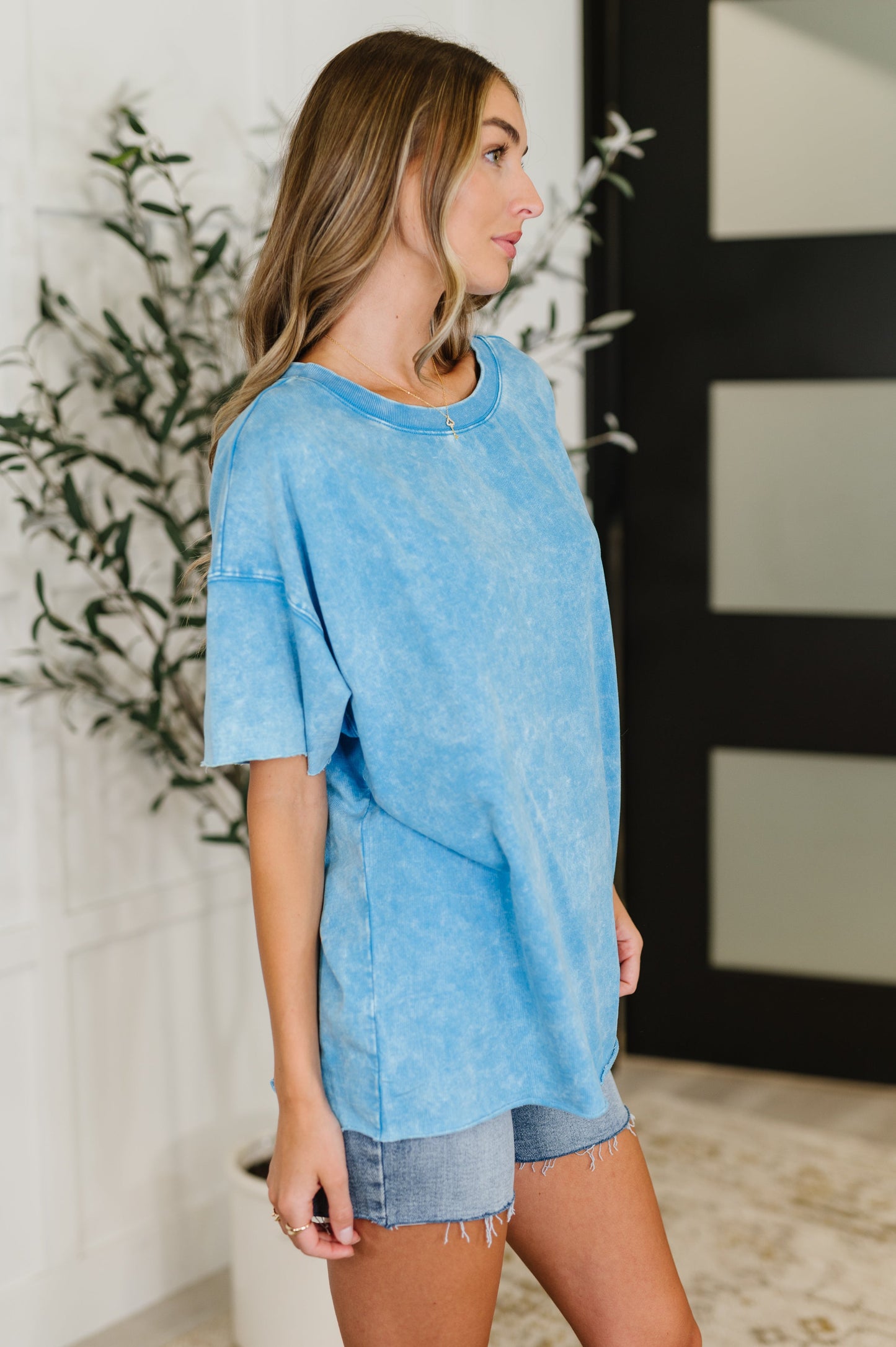 Zenana Washed Short Sleeve Top in Deep Sky