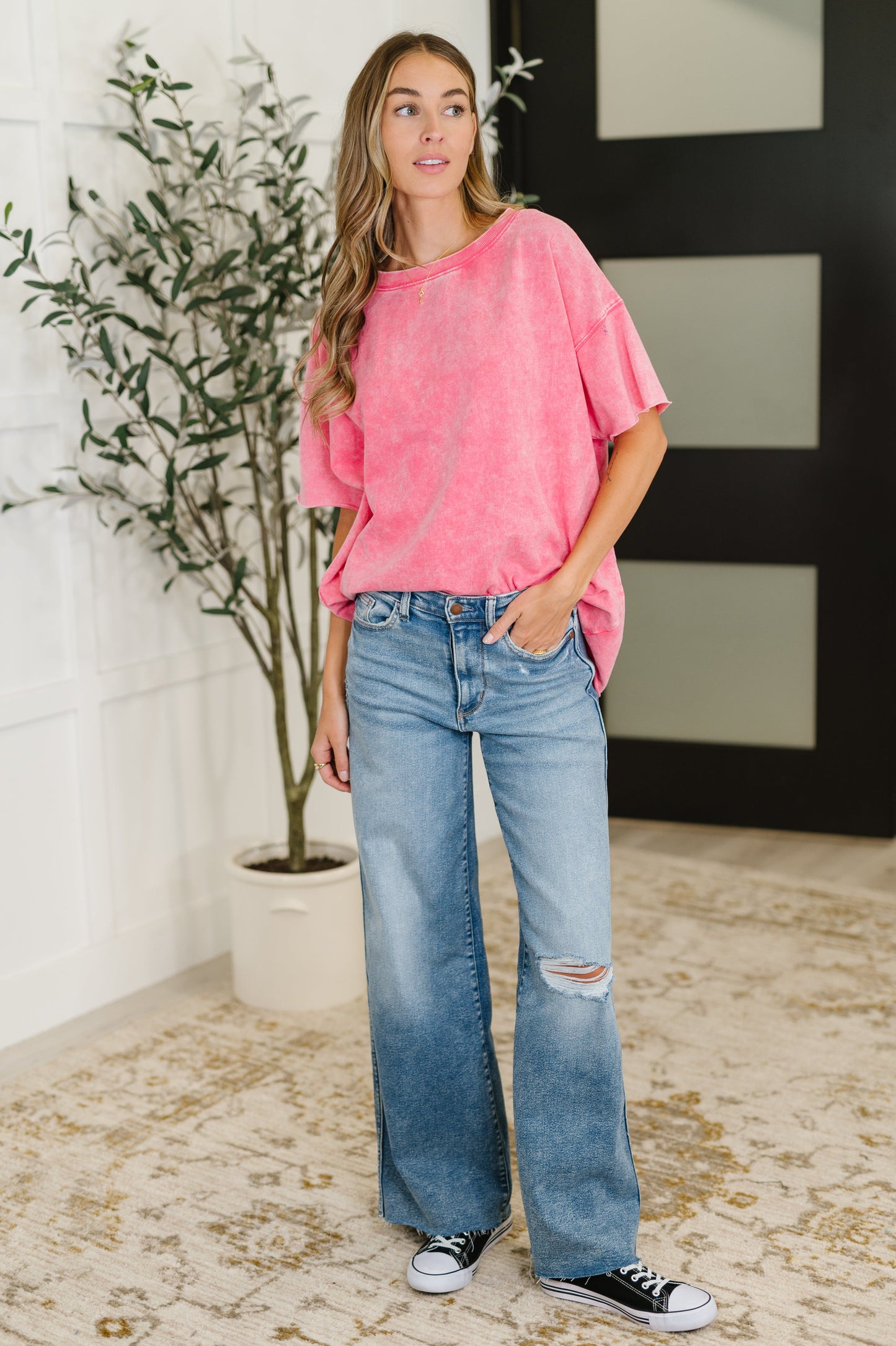 Zenana Washed Short Sleeve Top in Pink
