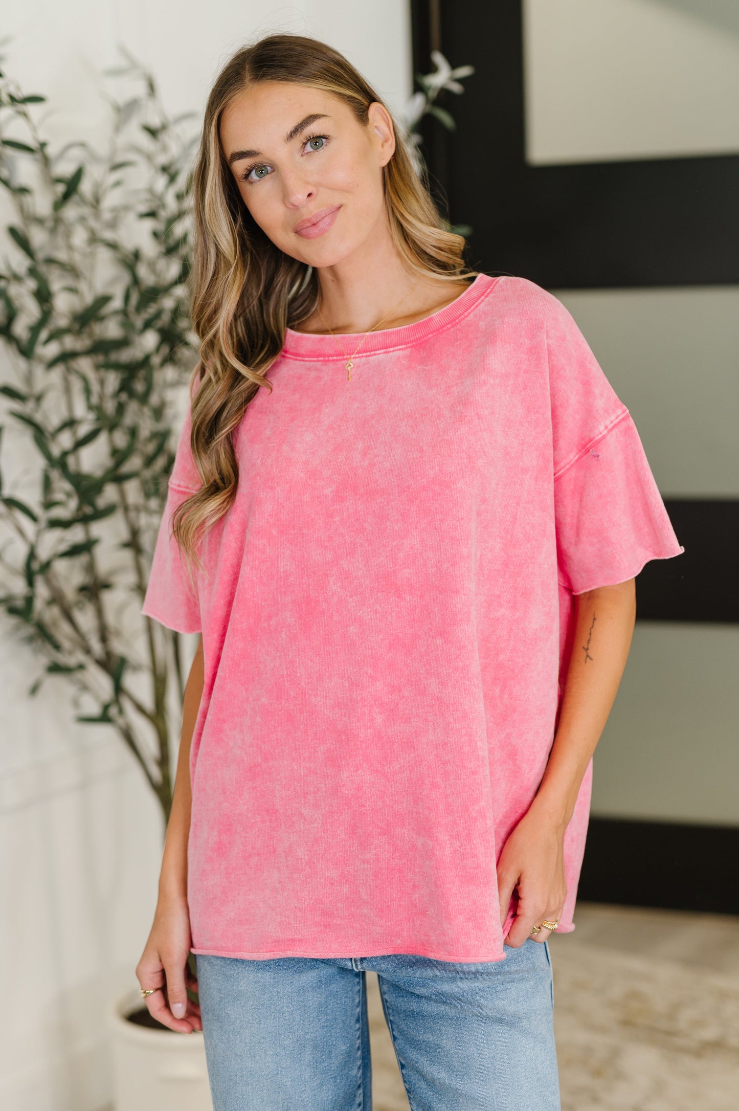 Zenana Washed Short Sleeve Top in Pink