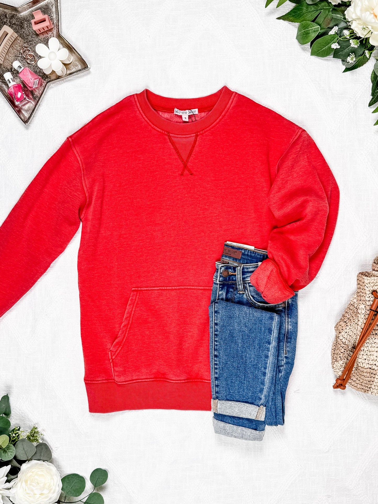 Vintage Wash Pocket Pullover - Red