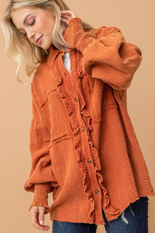 Everyday Smocked Ruffle Detail Button Up