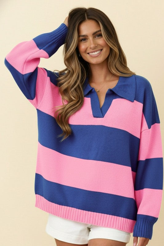 I'll Be On The Sidelines Blue and Pink Sweater