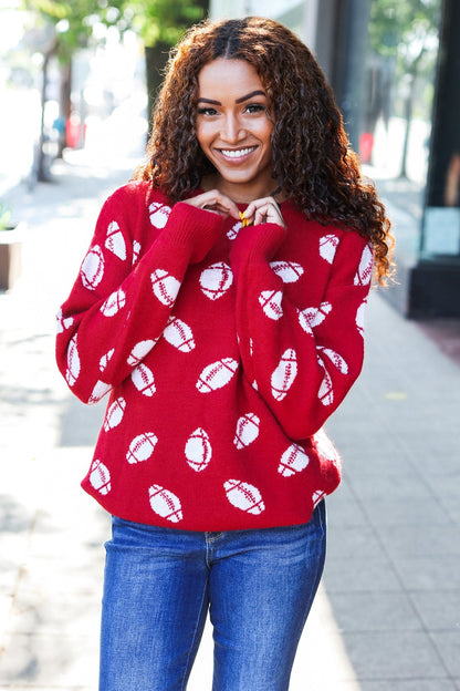 Game Day Red Football Print Jacquard Knit Sweater