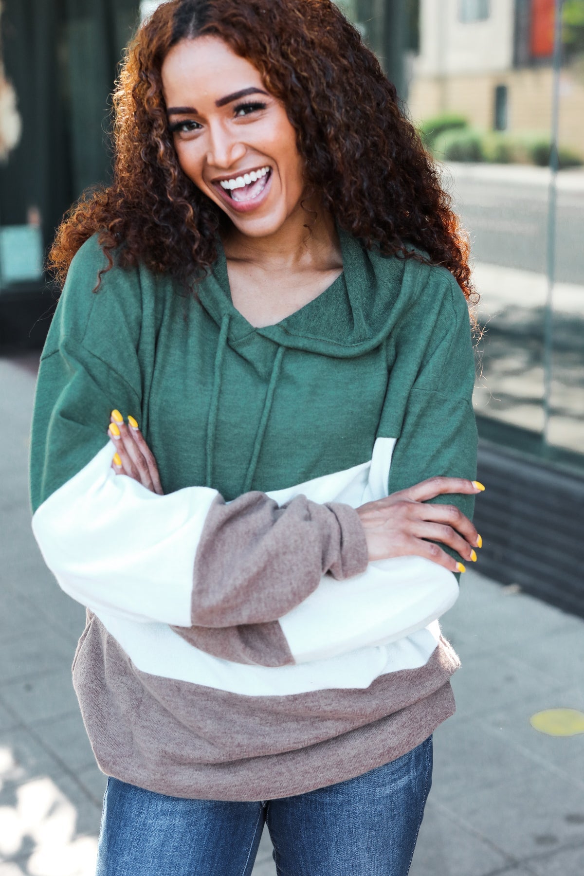 Feeling Joyful Olive & Ivory Color Block Hacci Knit Hoodie