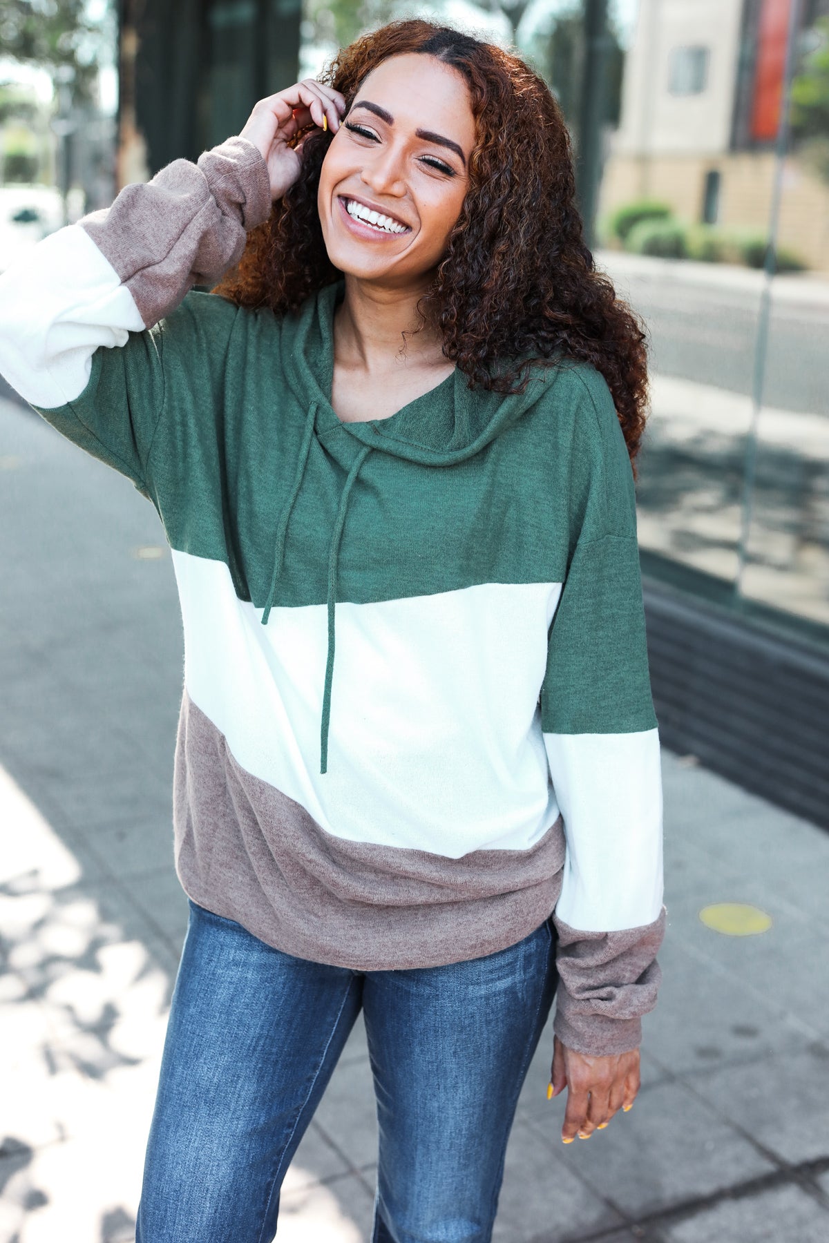 Feeling Joyful Olive & Ivory Color Block Hacci Knit Hoodie