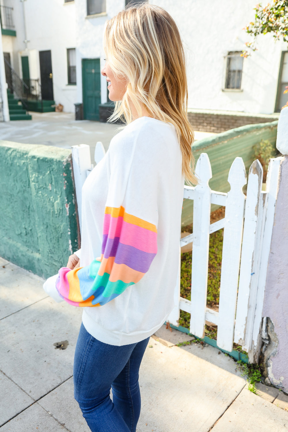 Stand Out Cream Stripe Drop Shoulder Hacci Knit Pullover