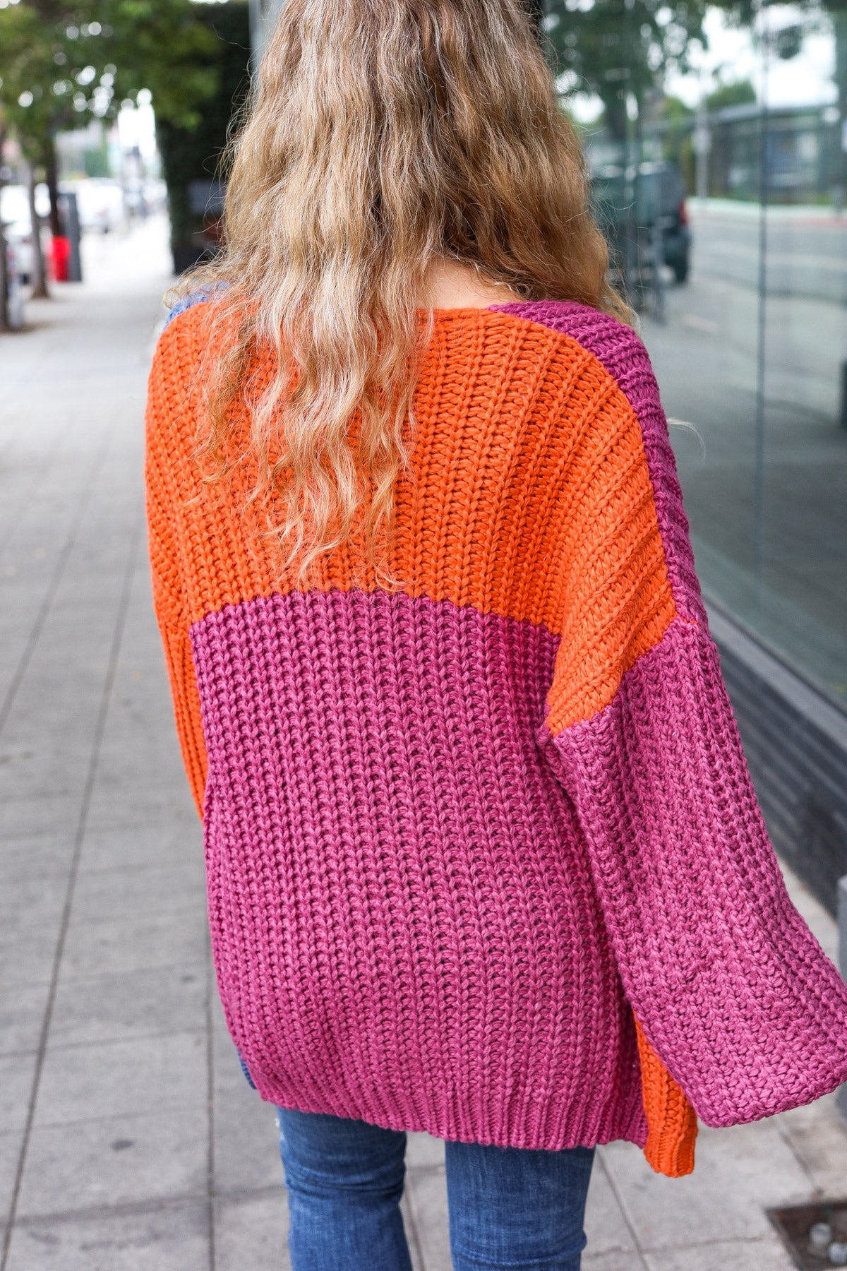 Dazzle In Magenta & Navy Chunky Knit Color Block Cardigan