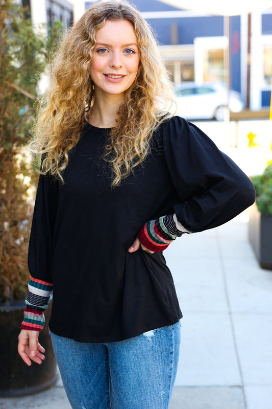 Black Multicolor Stripe Banded Puff Sleeve Top