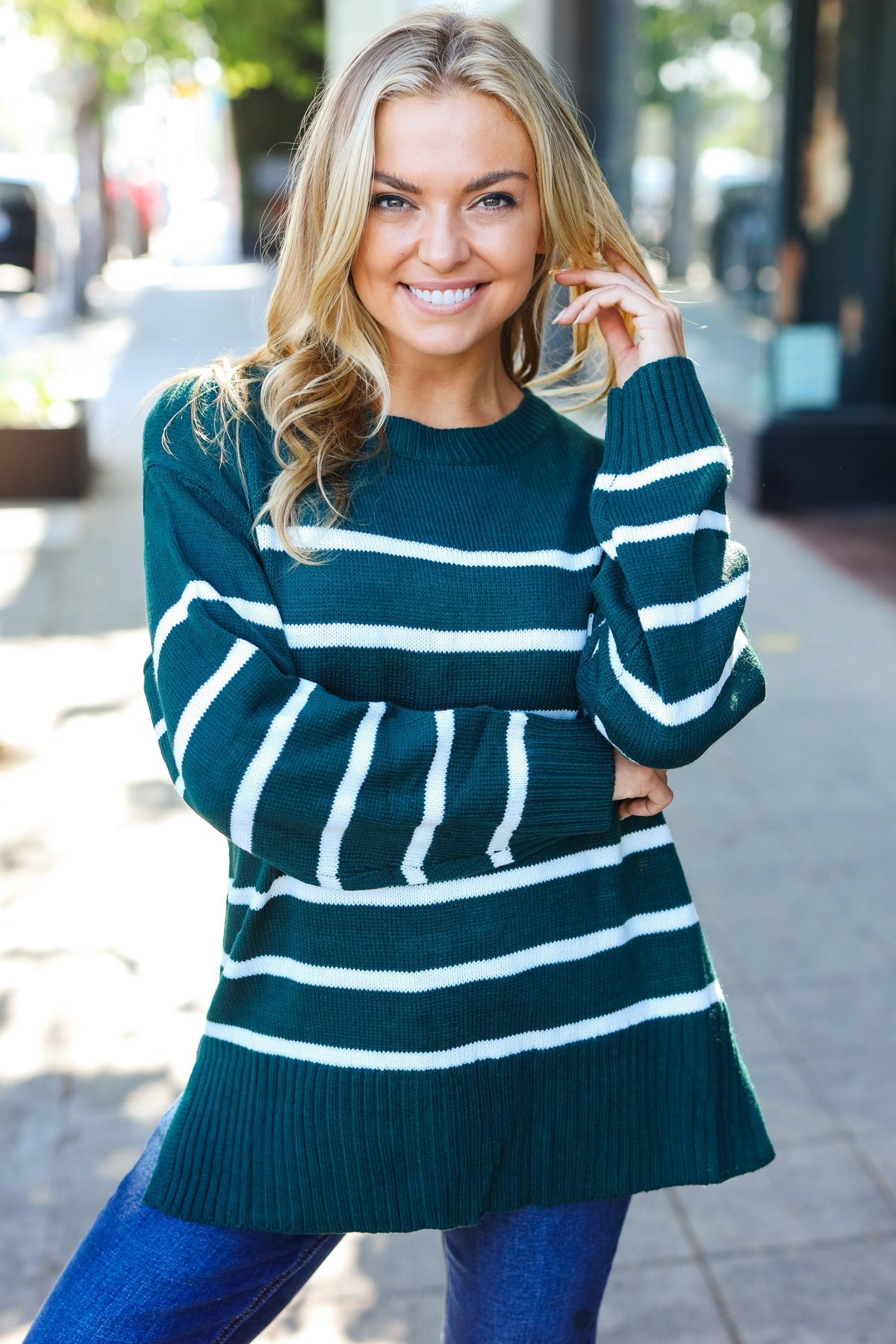 Stand Out Hunter Green Striped Oversized Knit Sweater