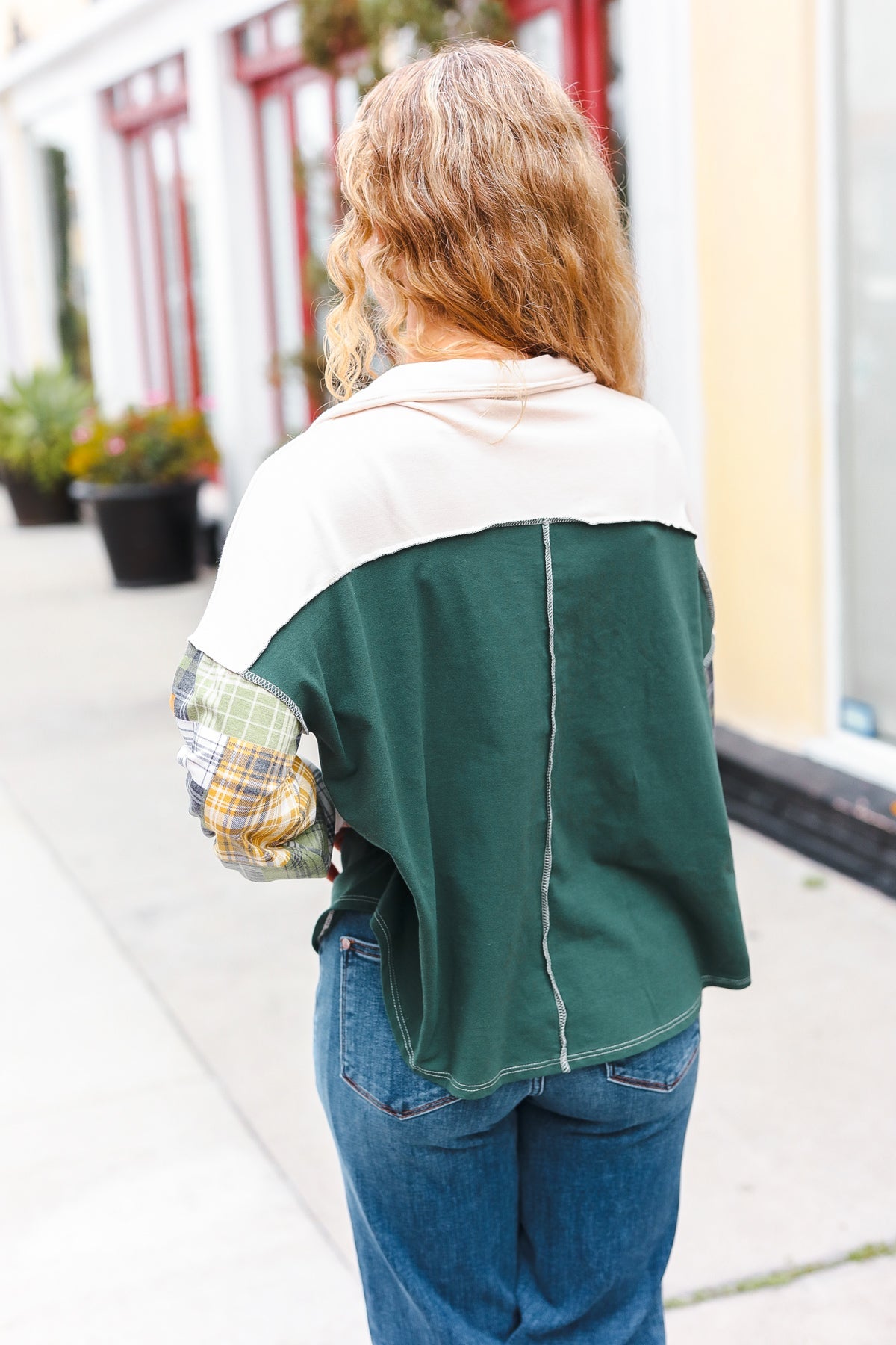 Fall For You Hunter Green Plaid Color Block Collared Terry Top