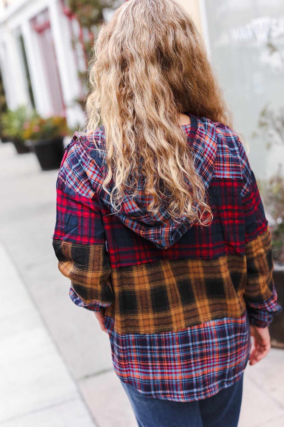 Holiday Ready Red & Mustard Plaid Notched Neck Flannel Hoodie