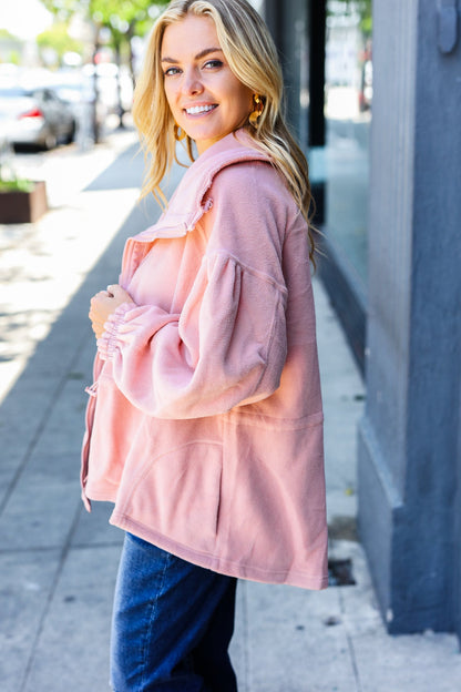 Beautiful You Blush Cinched Waist Zip Up Fleece Jacket