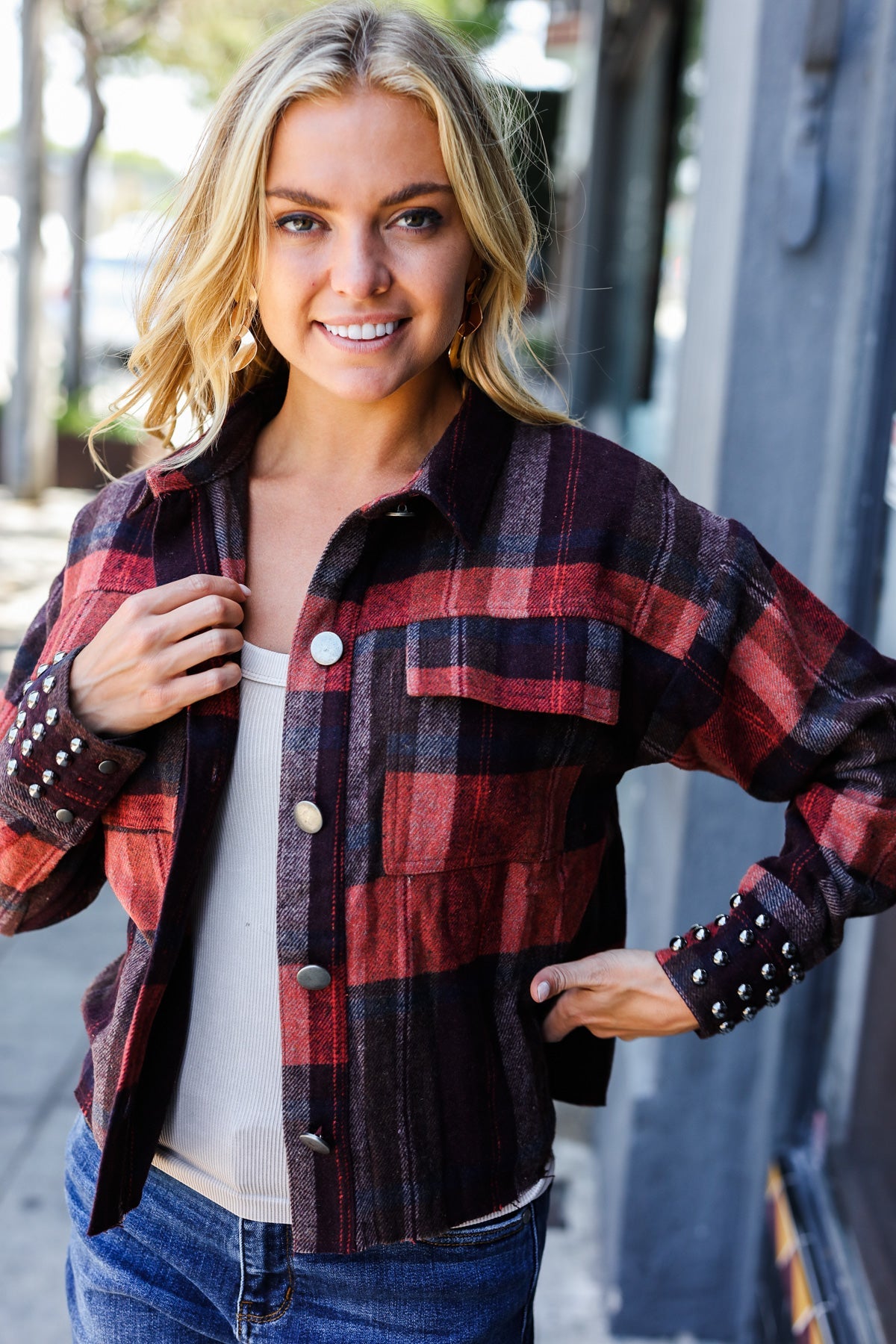 City Streets Burgundy & Rust Plaid Studded Cropped Jacket