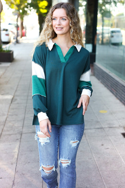 Falling For You Hunter Green Color Block Collared French Terry Top