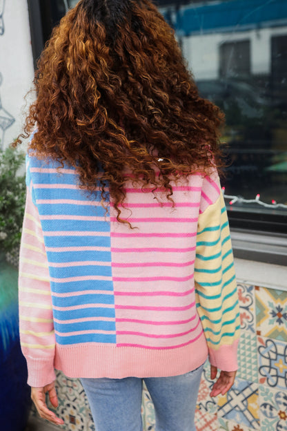 Perfectly Poised Blush & Blue Stripe Half Zip Up Oversized Sweater