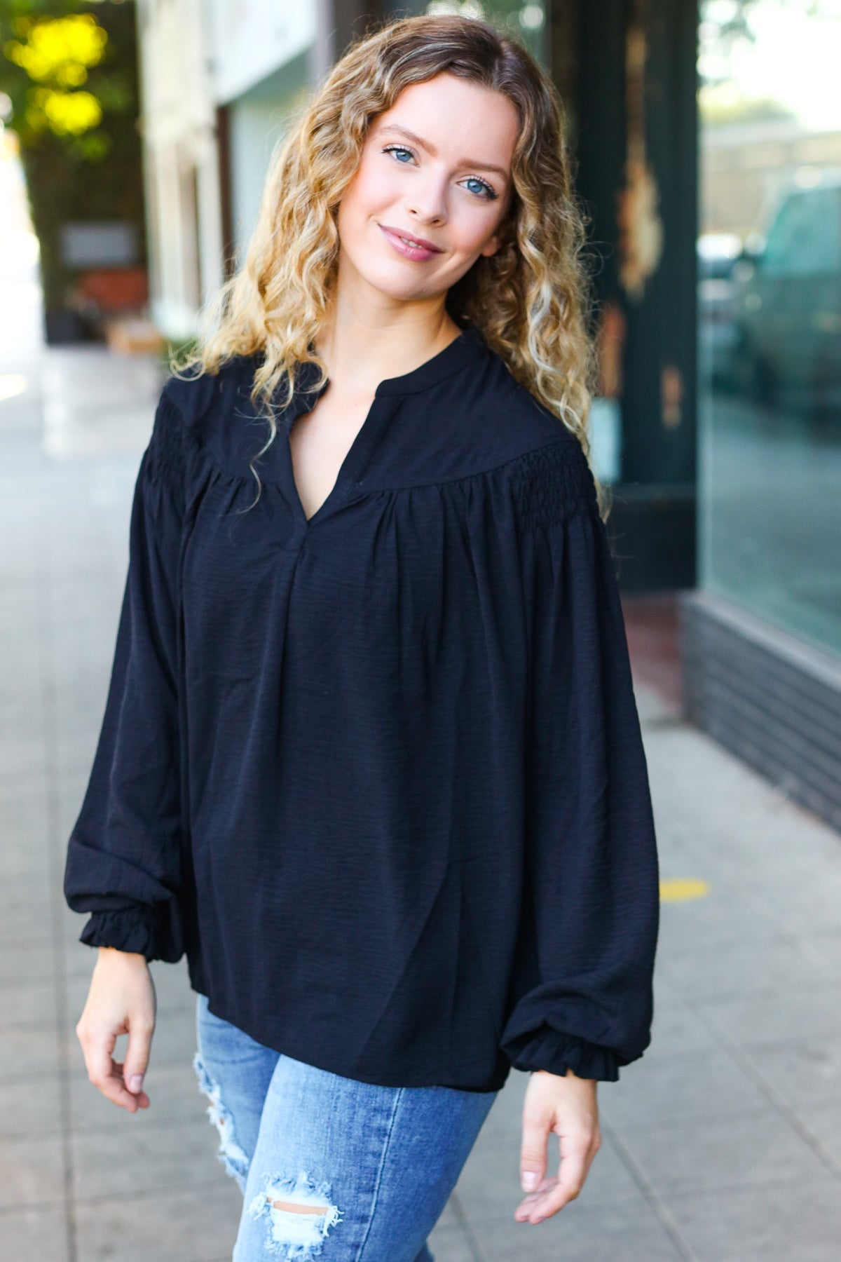 Boho Vibes Black Notched Neck Smocked Bubble Sleeve Top