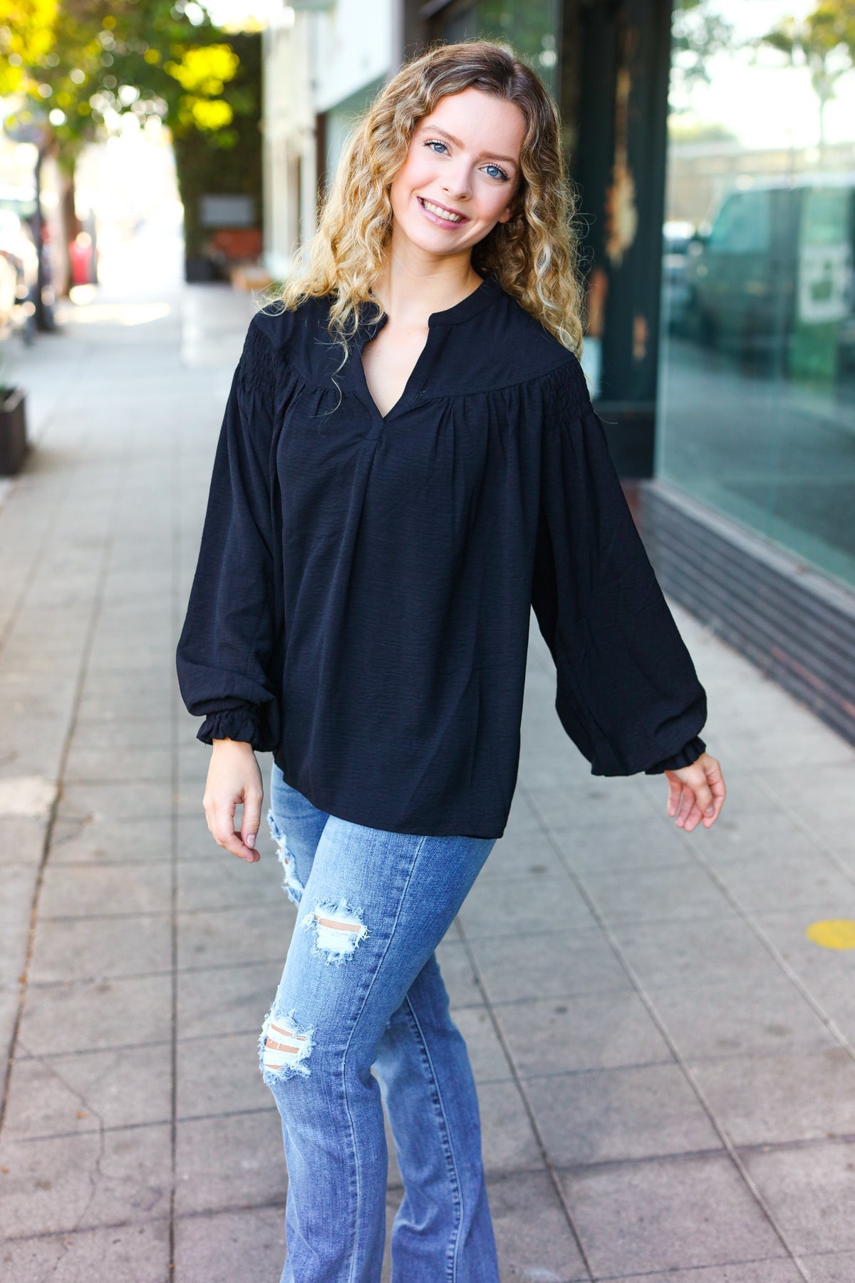 Boho Vibes Black Notched Neck Smocked Bubble Sleeve Top