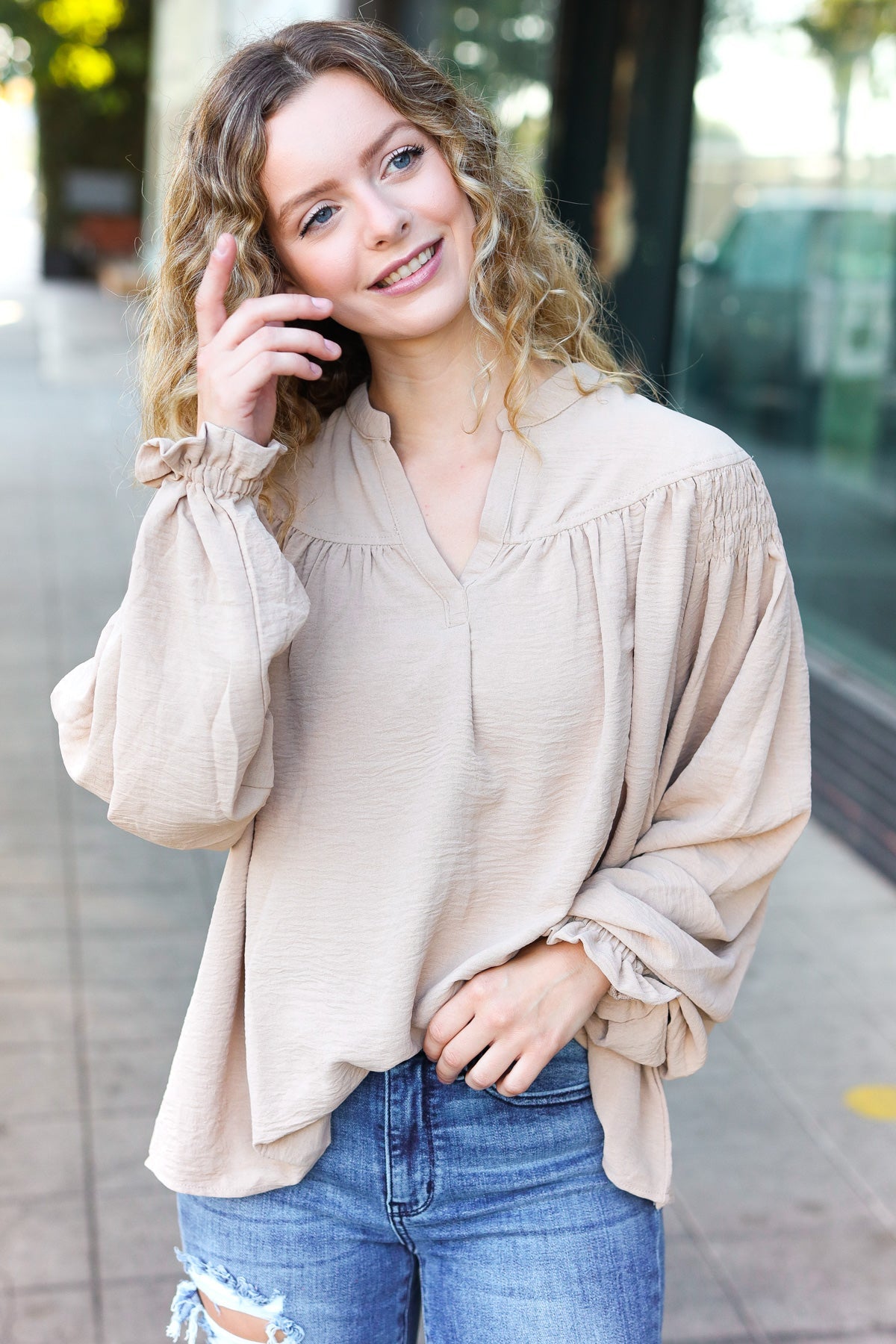 Boho Vibes Taupe Notched Neck Smocked Bubble Sleeve Top