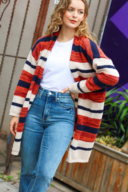 Put Together Rust & Navy Striped Pocketed Cardigan