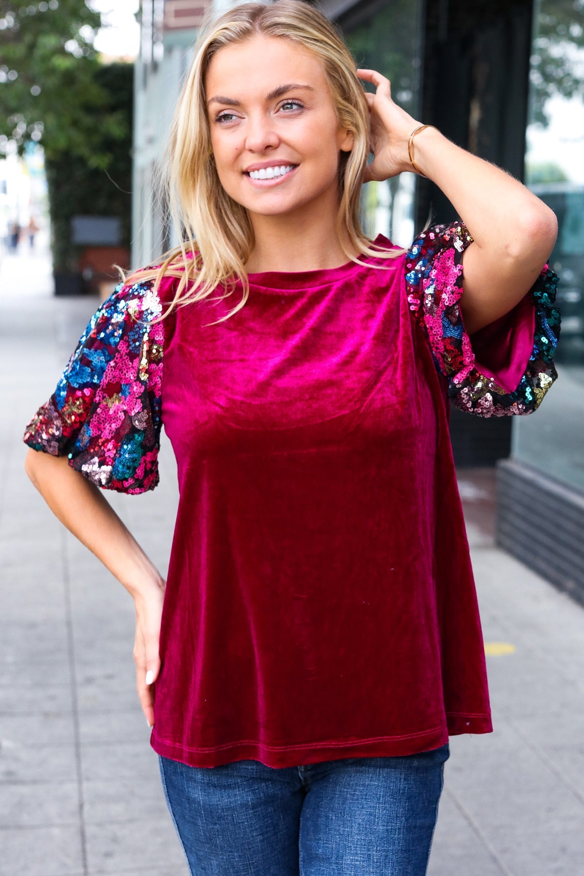 Diva Dreams Wine Floral Sequin Puff Sleeve Velvet Top