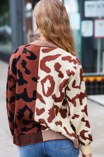 Taupe & Sepia Leopard Print Color Block Cardigan