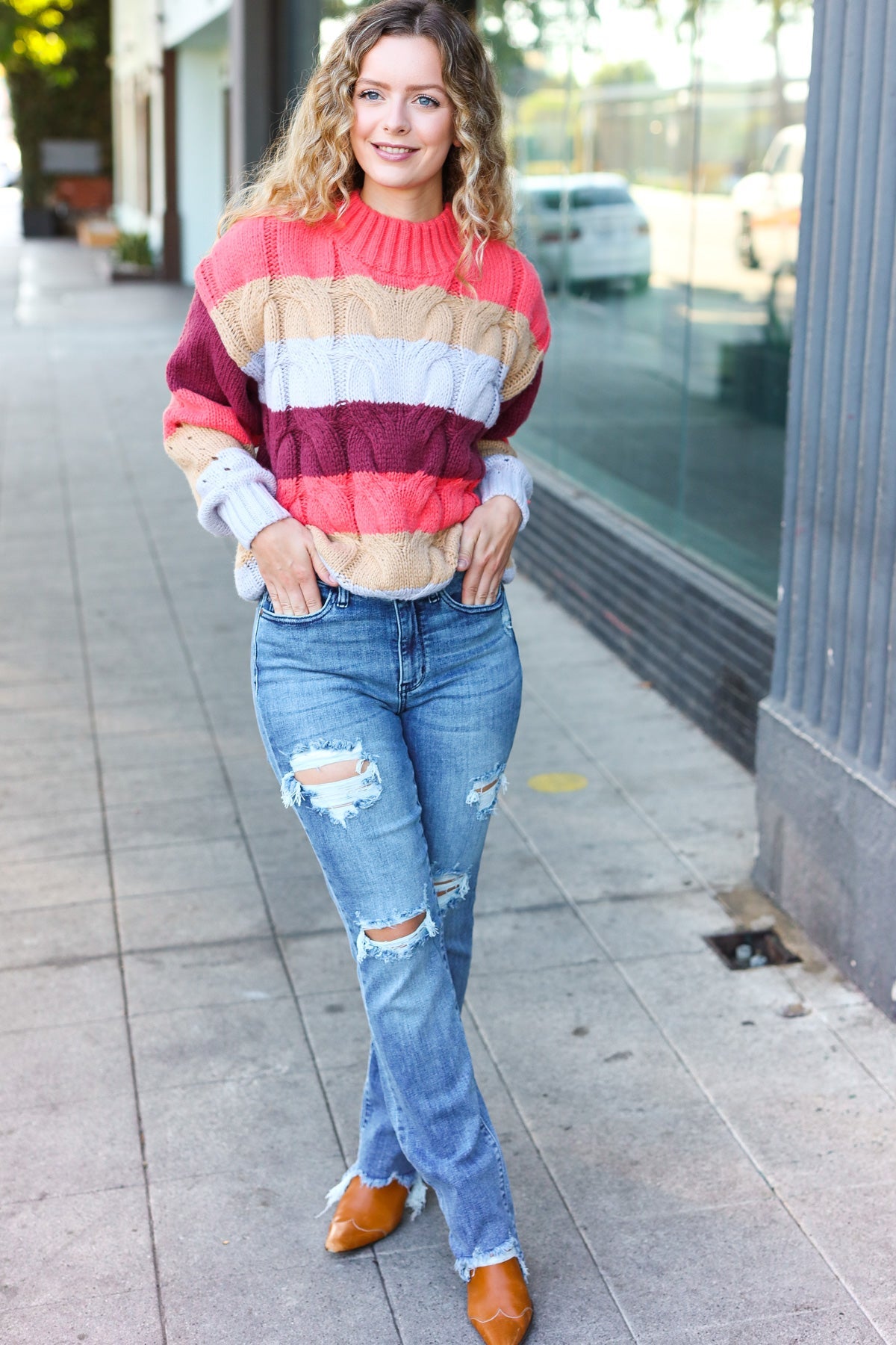 Fall For You Rust Multicolor Stripe Cable Knit Mock Neck Sweater