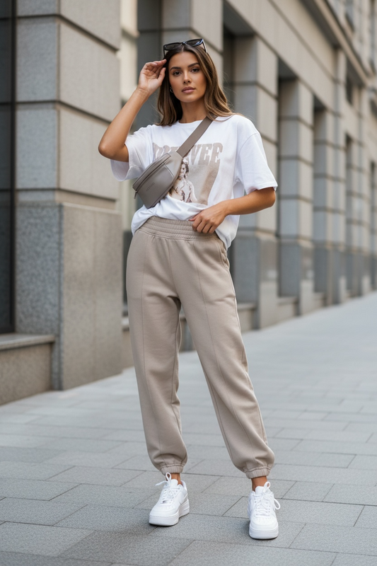 Front Seam Jogger Bottoms in Light Tan