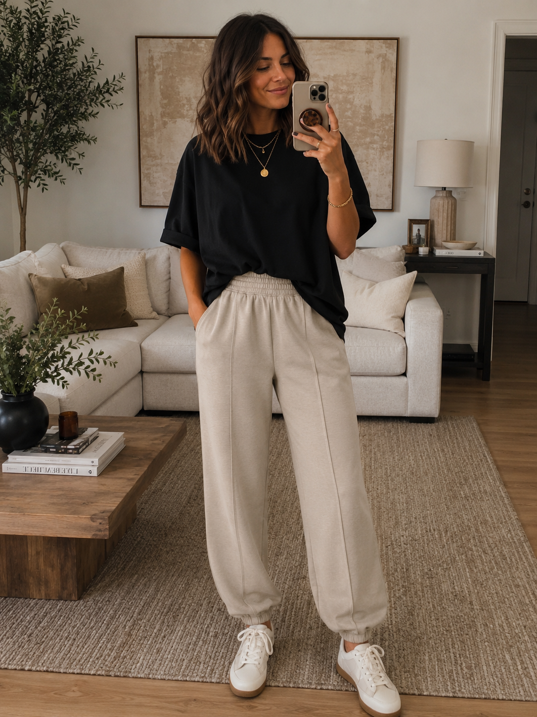 Front Seam Jogger Bottoms in Light Tan