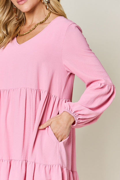 V-Neck Balloon Sleeve Tiered Dress with Pockets