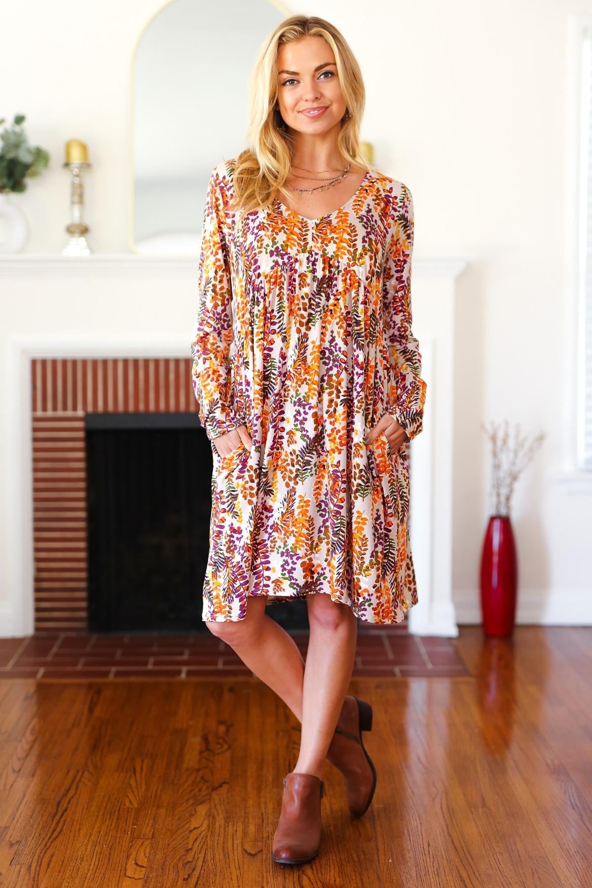 Babydoll Floral Knee Length Dress with Pockets in Taupe Rust