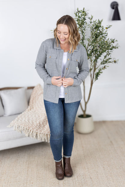 Waffle Knit Button Top - Grey