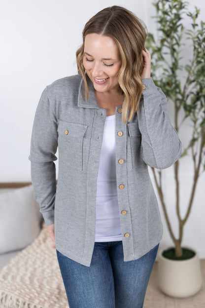 Waffle Knit Button Top - Grey