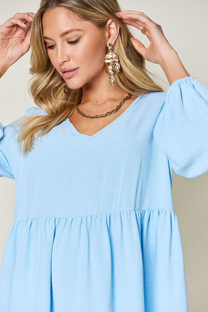 V-Neck Balloon Sleeve Tiered Dress with Pockets