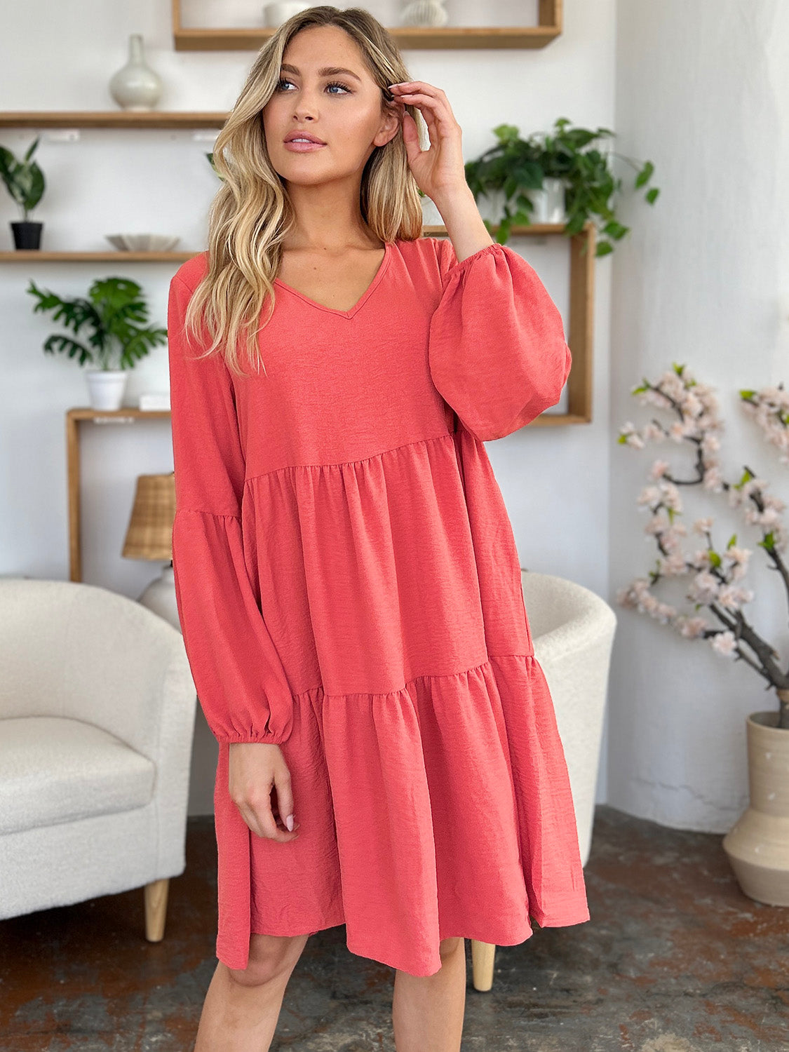 V-Neck Balloon Sleeve Tiered Dress with Pockets