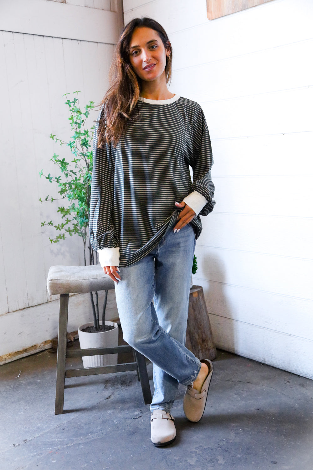 Greener Days Stripe Pullover with Ivory Cuffs