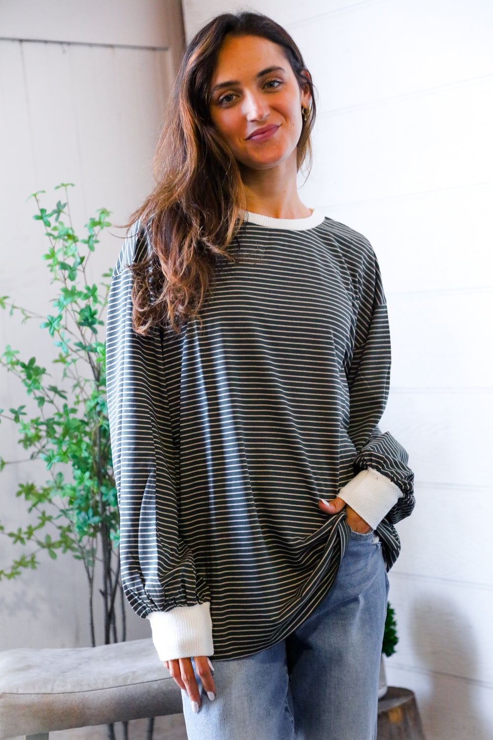 Greener Days Stripe Pullover with Ivory Cuffs