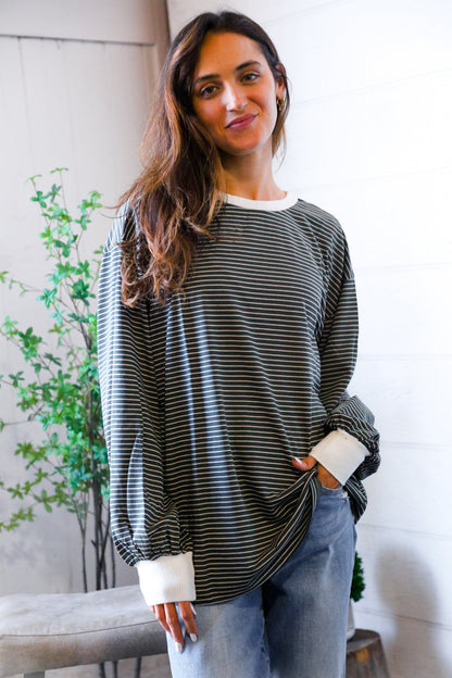 Greener Days Stripe Pullover with Ivory Cuffs