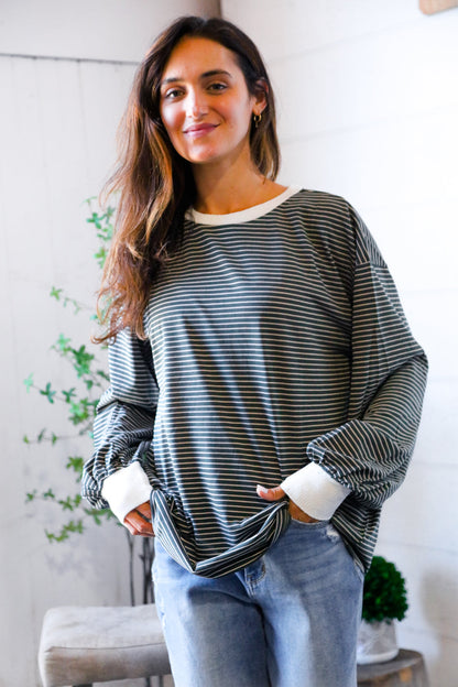 Greener Days Stripe Pullover with Ivory Cuffs